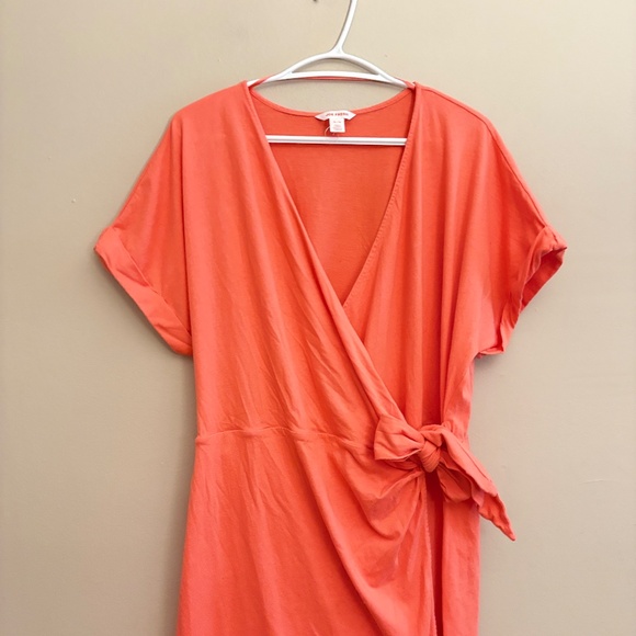 $9🎅🏼 Joe Fresh Vibrant Coral Drop Shoulder T-Shirt Cotton Wrap Dress - Picture 2 of 13